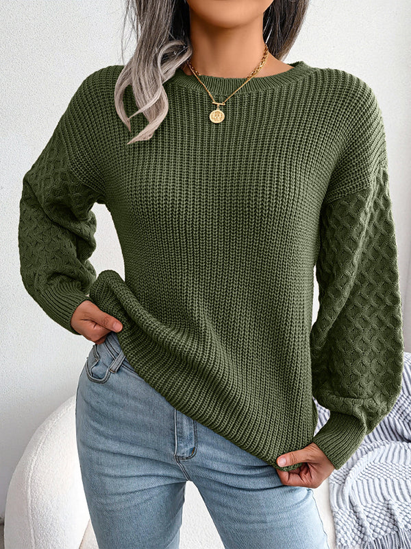 Long Sleeves Loose Cable Knit Solid Color Round-Neck Sweater Tops - Image 7