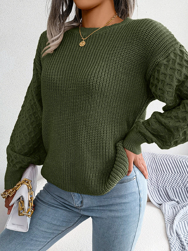 Long Sleeves Loose Cable Knit Solid Color Round-Neck Sweater Tops - Image 9