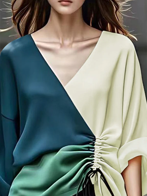 Long Sleeves Loose Color-Block Contrast Color Drawstring Elasticity V-Neck Blouses&Shirts Tops - Image 2