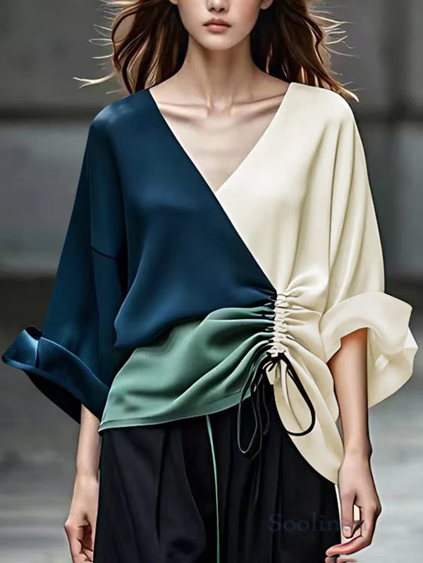 Long Sleeves Loose Color-Block Contrast Color Drawstring Elasticity V-Neck Blouses&Shirts Tops - Image 3