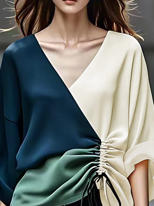Long Sleeves Loose Color-Block Contrast Color Drawstring Elasticity V-Neck Blouses&Shirts Tops - Image 4