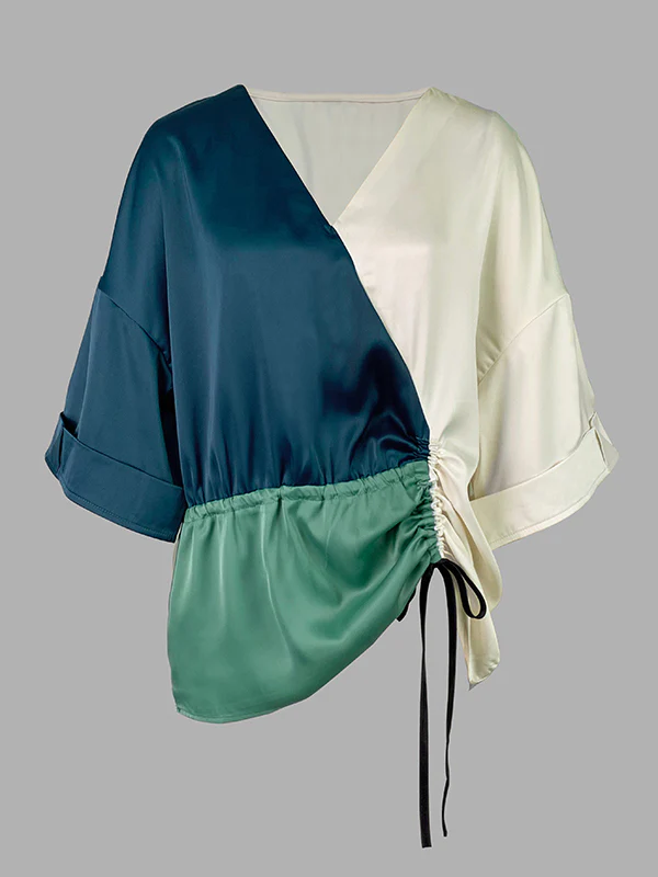 Long Sleeves Loose Color-Block Contrast Color Drawstring Elasticity V-Neck Blouses&Shirts Tops - Image 5