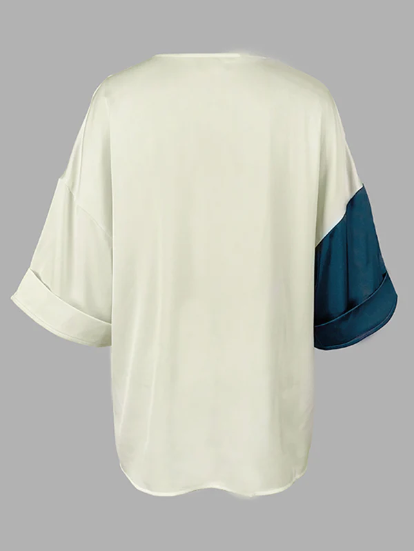 Long Sleeves Loose Color-Block Contrast Color Drawstring Elasticity V-Neck Blouses&Shirts Tops - Image 6