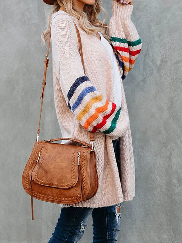 Long Sleeves Loose Colorful Contrast Color Striped Collarless Cardigan Tops - Image 10
