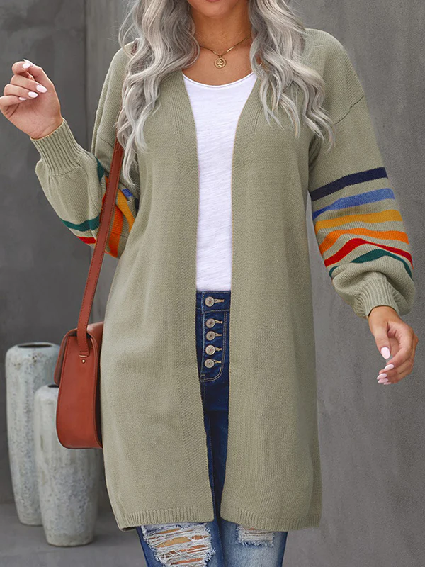 Long Sleeves Loose Colorful Contrast Color Striped Collarless Cardigan Tops - Image 11