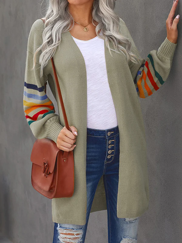 Long Sleeves Loose Colorful Contrast Color Striped Collarless Cardigan Tops - Image 12