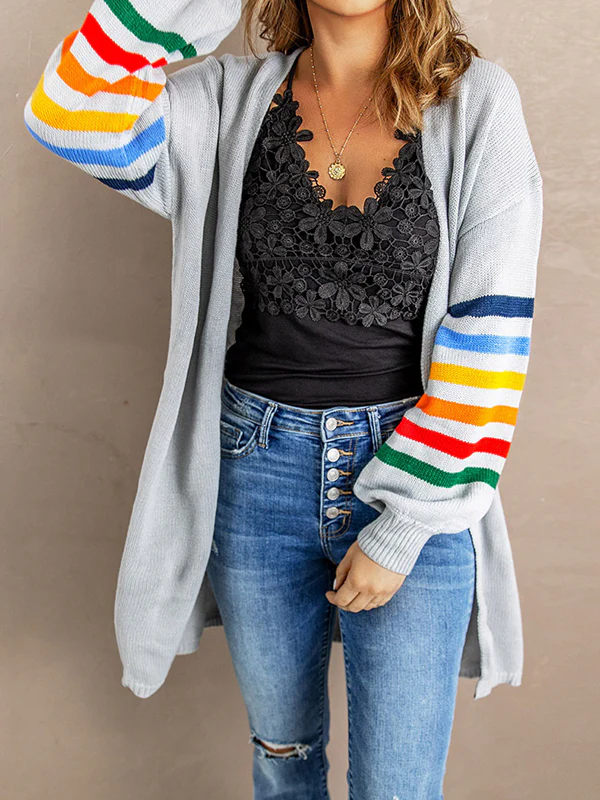 Long Sleeves Loose Colorful Contrast Color Striped Collarless Cardigan Tops - Image 13