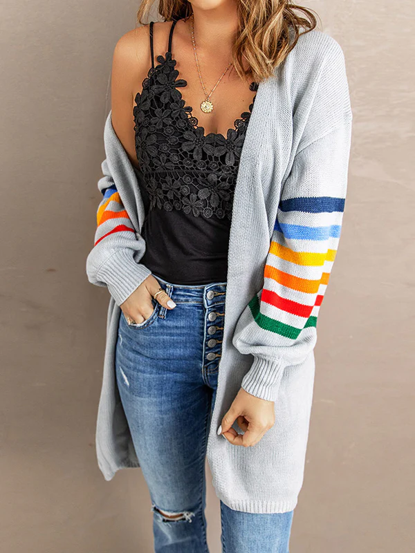Long Sleeves Loose Colorful Contrast Color Striped Collarless Cardigan Tops - Image 14