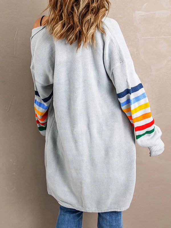 Long Sleeves Loose Colorful Contrast Color Striped Collarless Cardigan Tops - Image 15