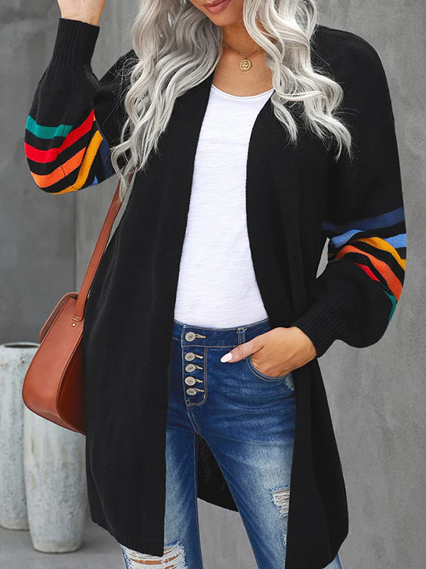 Long Sleeves Loose Colorful Contrast Color Striped Collarless Cardigan Tops - Image 16