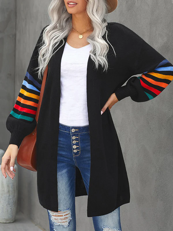 Long Sleeves Loose Colorful Contrast Color Striped Collarless Cardigan Tops - Image 17