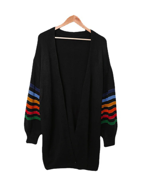Long Sleeves Loose Colorful Contrast Color Striped Collarless Cardigan Tops - Image 18