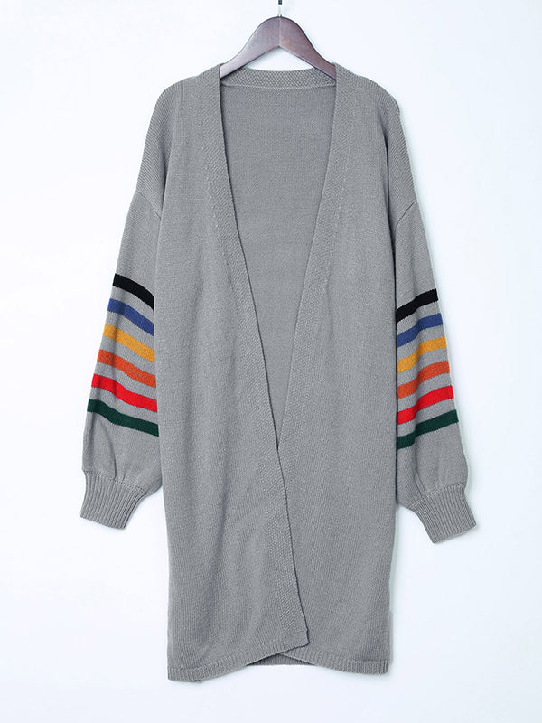 Long Sleeves Loose Colorful Contrast Color Striped Collarless Cardigan Tops - Image 19