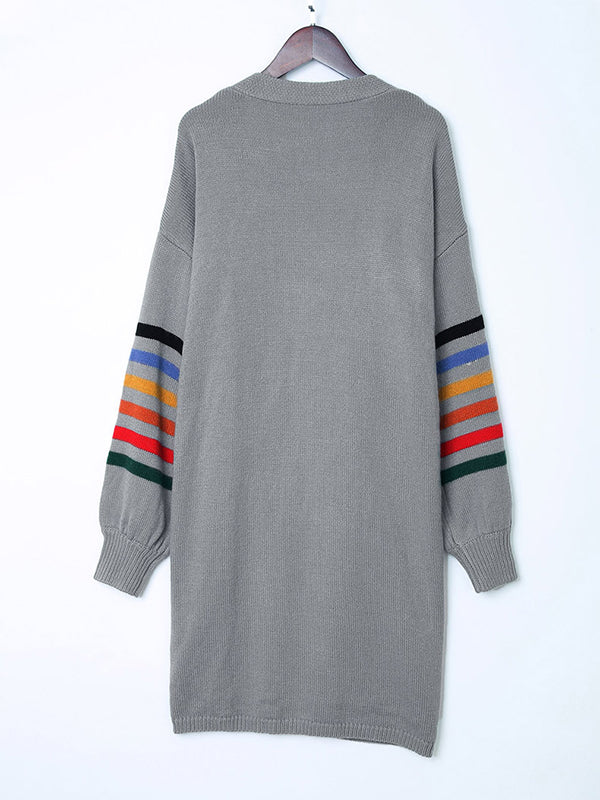 Long Sleeves Loose Colorful Contrast Color Striped Collarless Cardigan Tops - Image 20
