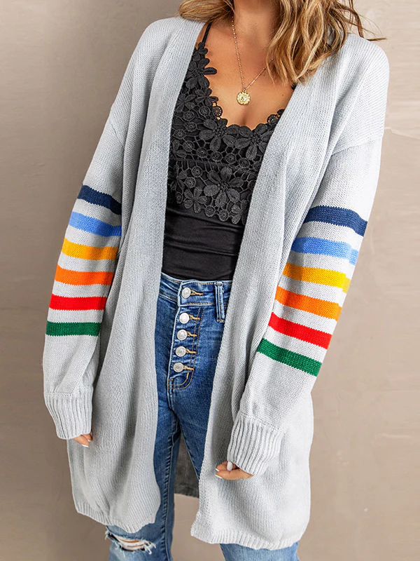 Long Sleeves Loose Colorful Contrast Color Striped Collarless Cardigan Tops - Image 3