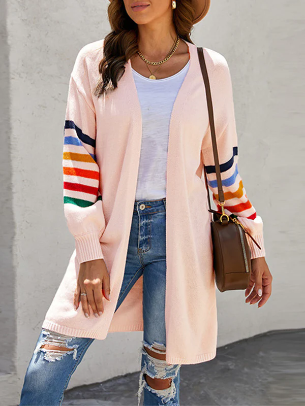 Long Sleeves Loose Colorful Contrast Color Striped Collarless Cardigan Tops - Image 5