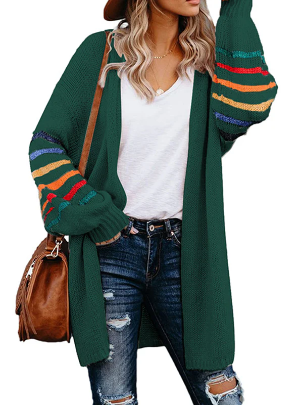 Long Sleeves Loose Colorful Contrast Color Striped Collarless Cardigan Tops - Image 6