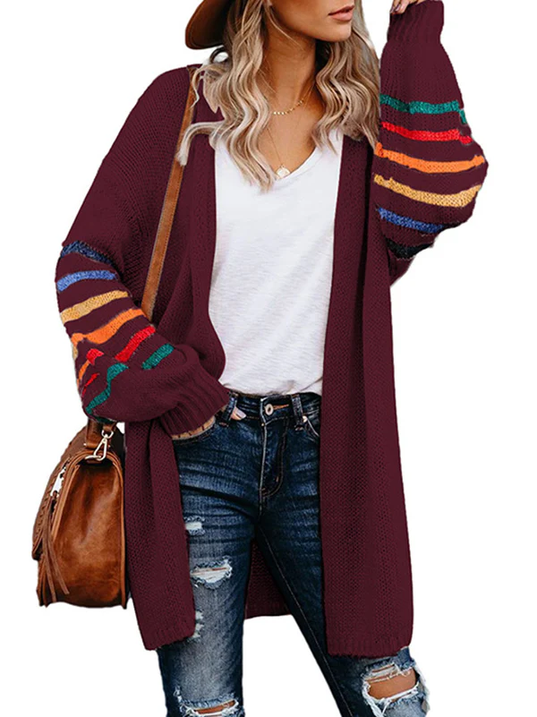 Long Sleeves Loose Colorful Contrast Color Striped Collarless Cardigan Tops - Image 7