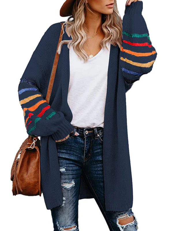 Long Sleeves Loose Colorful Contrast Color Striped Collarless Cardigan Tops - Image 8