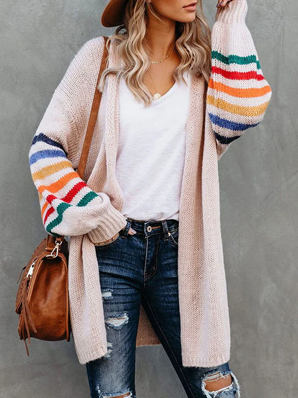 Long Sleeves Loose Colorful Contrast Color Striped Collarless Cardigan Tops - Image 9