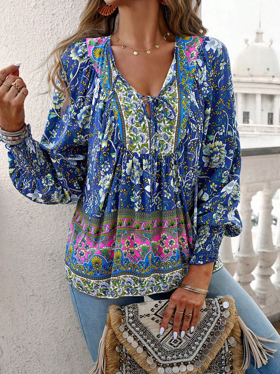 Long Sleeves Loose Contrast Color Drawstring Flower Print Pleated Split-Joint V-Neck Blouses&Shirts Tops - Image 10