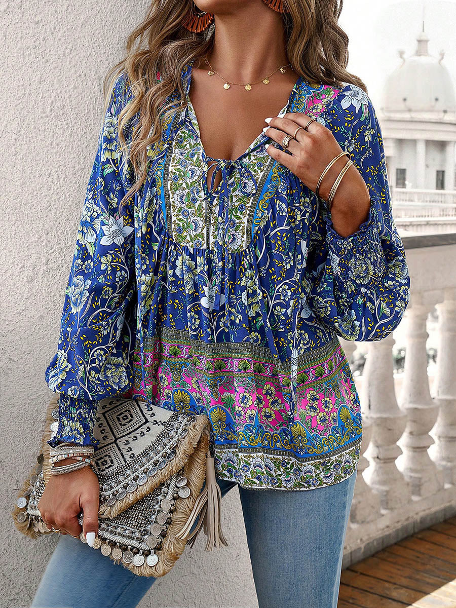 Long Sleeves Loose Contrast Color Drawstring Flower Print Pleated Split-Joint V-Neck Blouses&Shirts Tops - Image 11