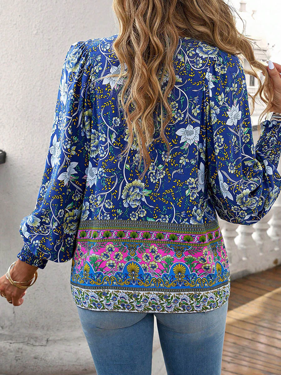 Long Sleeves Loose Contrast Color Drawstring Flower Print Pleated Split-Joint V-Neck Blouses&Shirts Tops - Image 13