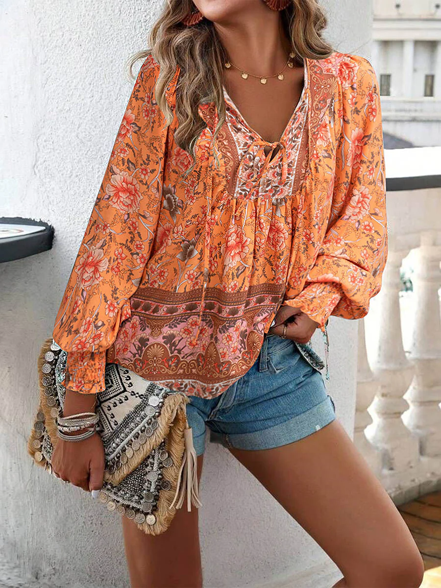 Long Sleeves Loose Contrast Color Drawstring Flower Print Pleated Split-Joint V-Neck Blouses&Shirts Tops - Image 14