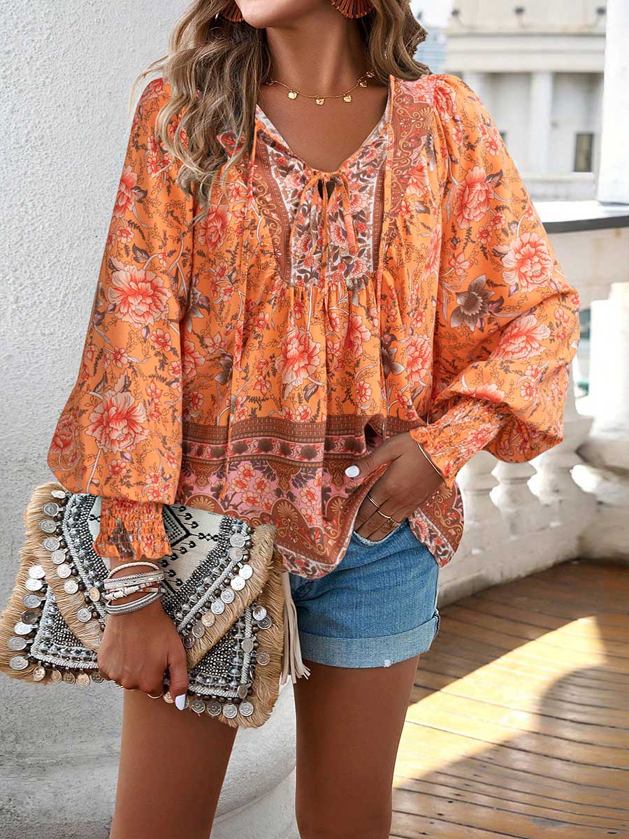 Long Sleeves Loose Contrast Color Drawstring Flower Print Pleated Split-Joint V-Neck Blouses&Shirts Tops - Image 15