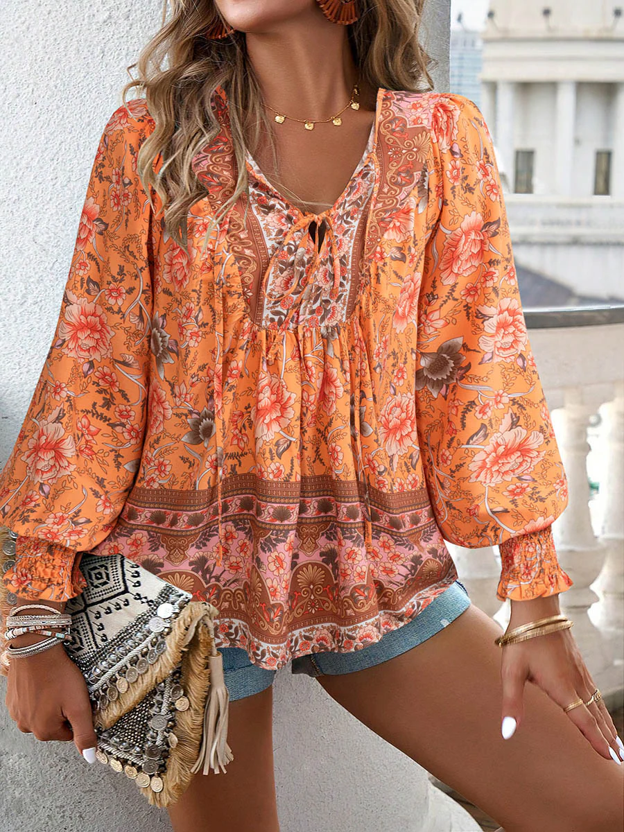 Long Sleeves Loose Contrast Color Drawstring Flower Print Pleated Split-Joint V-Neck Blouses&Shirts Tops - Image 16