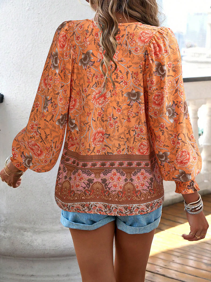 Long Sleeves Loose Contrast Color Drawstring Flower Print Pleated Split-Joint V-Neck Blouses&Shirts Tops - Image 18