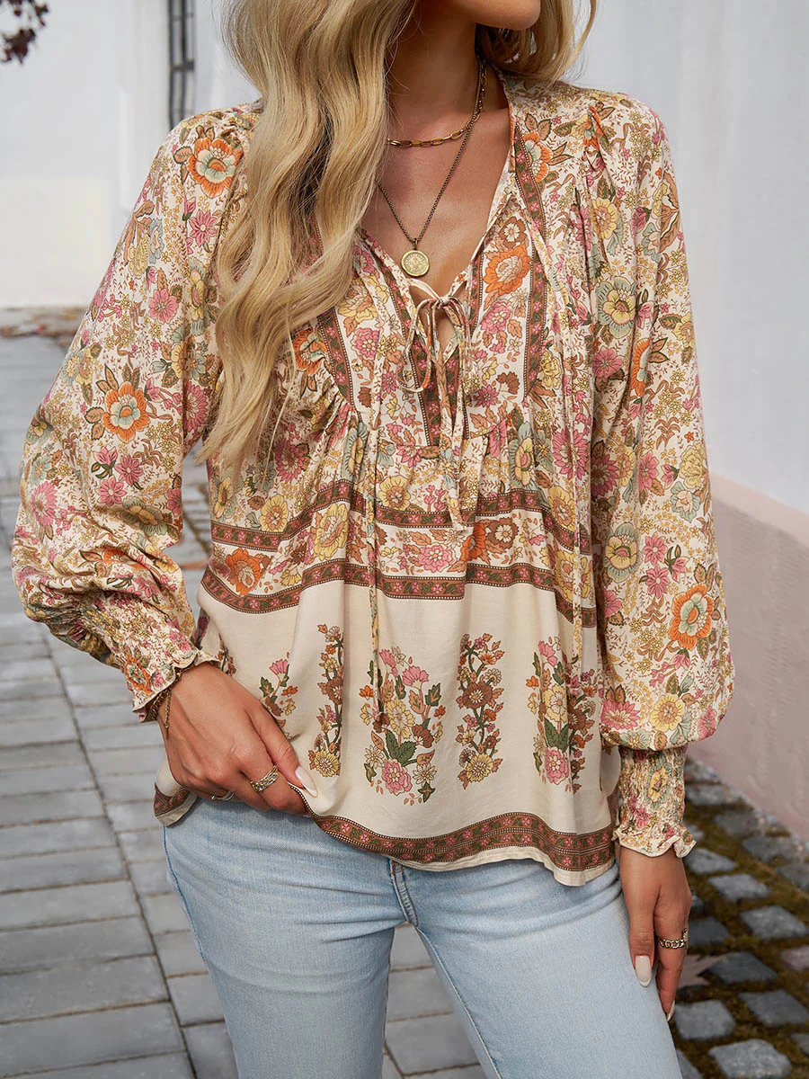 Long Sleeves Loose Contrast Color Drawstring Flower Print Pleated Split-Joint V-Neck Blouses&Shirts Tops - Image 19