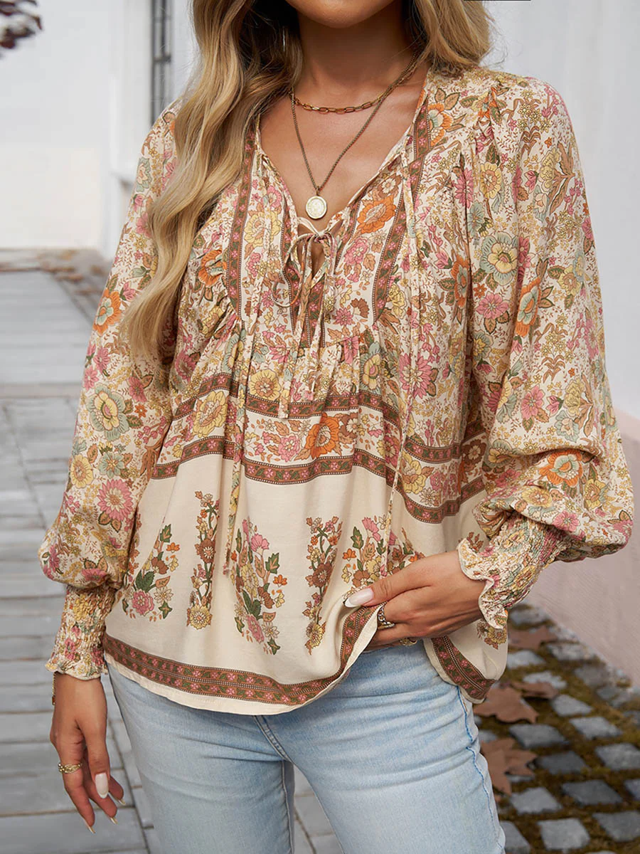 Long Sleeves Loose Contrast Color Drawstring Flower Print Pleated Split-Joint V-Neck Blouses&Shirts Tops - Image 20