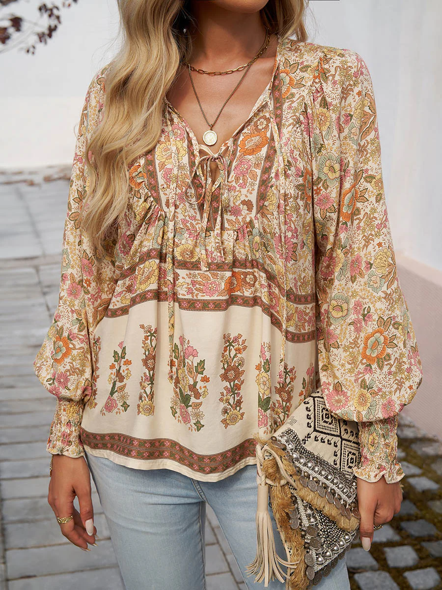 Long Sleeves Loose Contrast Color Drawstring Flower Print Pleated Split-Joint V-Neck Blouses&Shirts Tops - Image 21