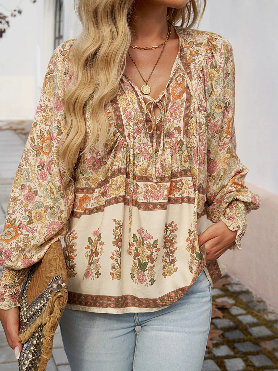 Long Sleeves Loose Contrast Color Drawstring Flower Print Pleated Split-Joint V-Neck Blouses&Shirts Tops - Image 22