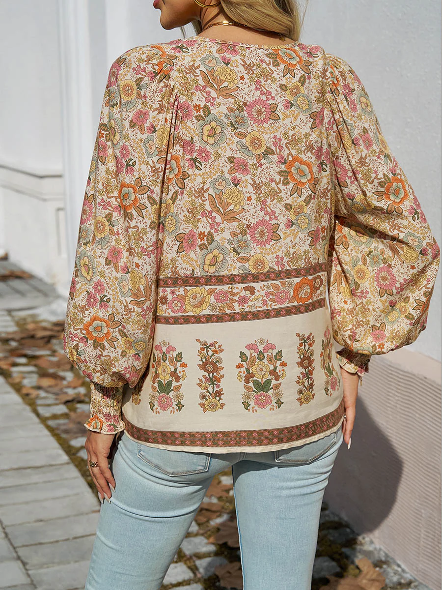 Long Sleeves Loose Contrast Color Drawstring Flower Print Pleated Split-Joint V-Neck Blouses&Shirts Tops - Image 24