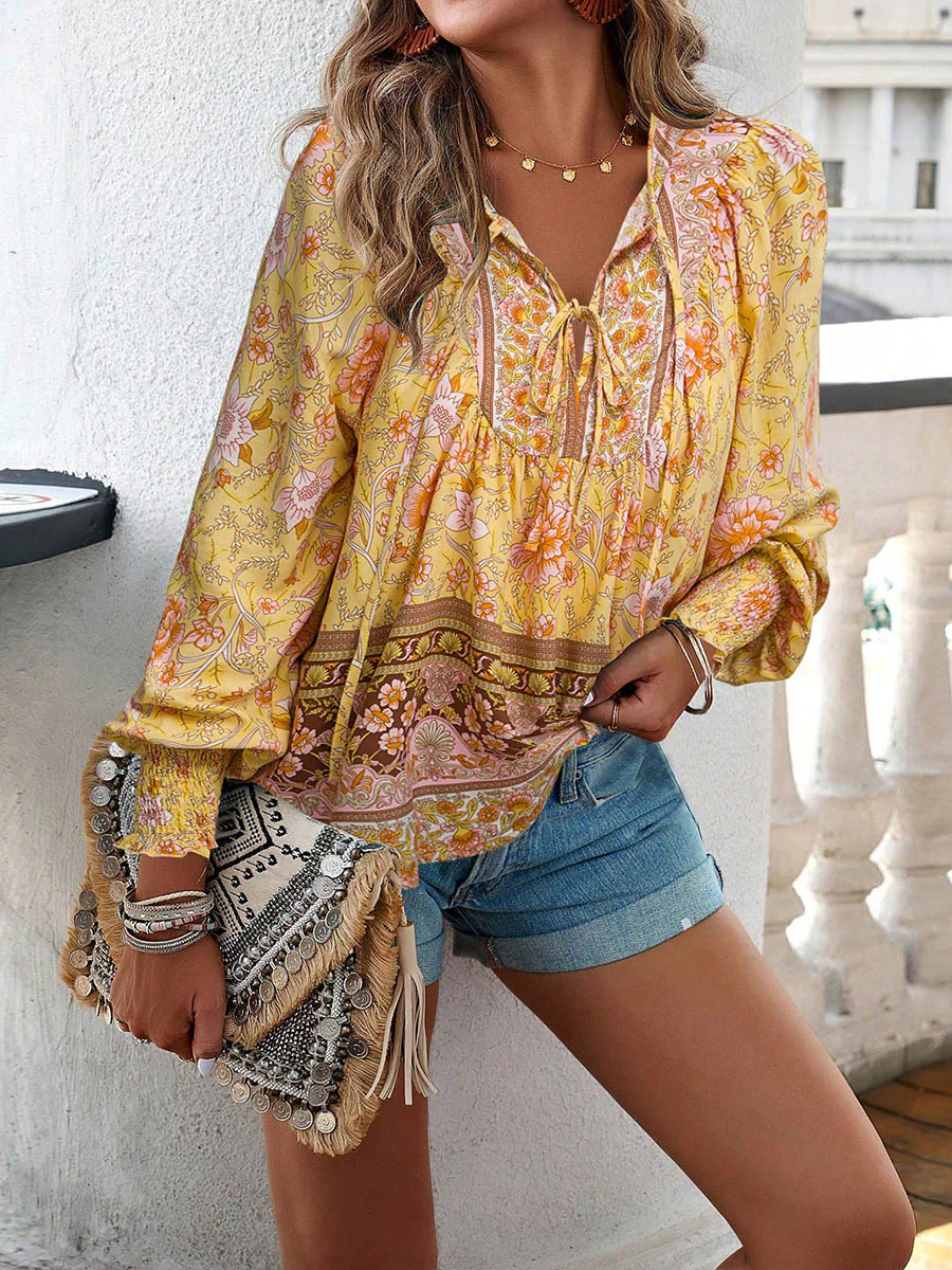 Long Sleeves Loose Contrast Color Drawstring Flower Print Pleated Split-Joint V-Neck Blouses&Shirts Tops - Image 25