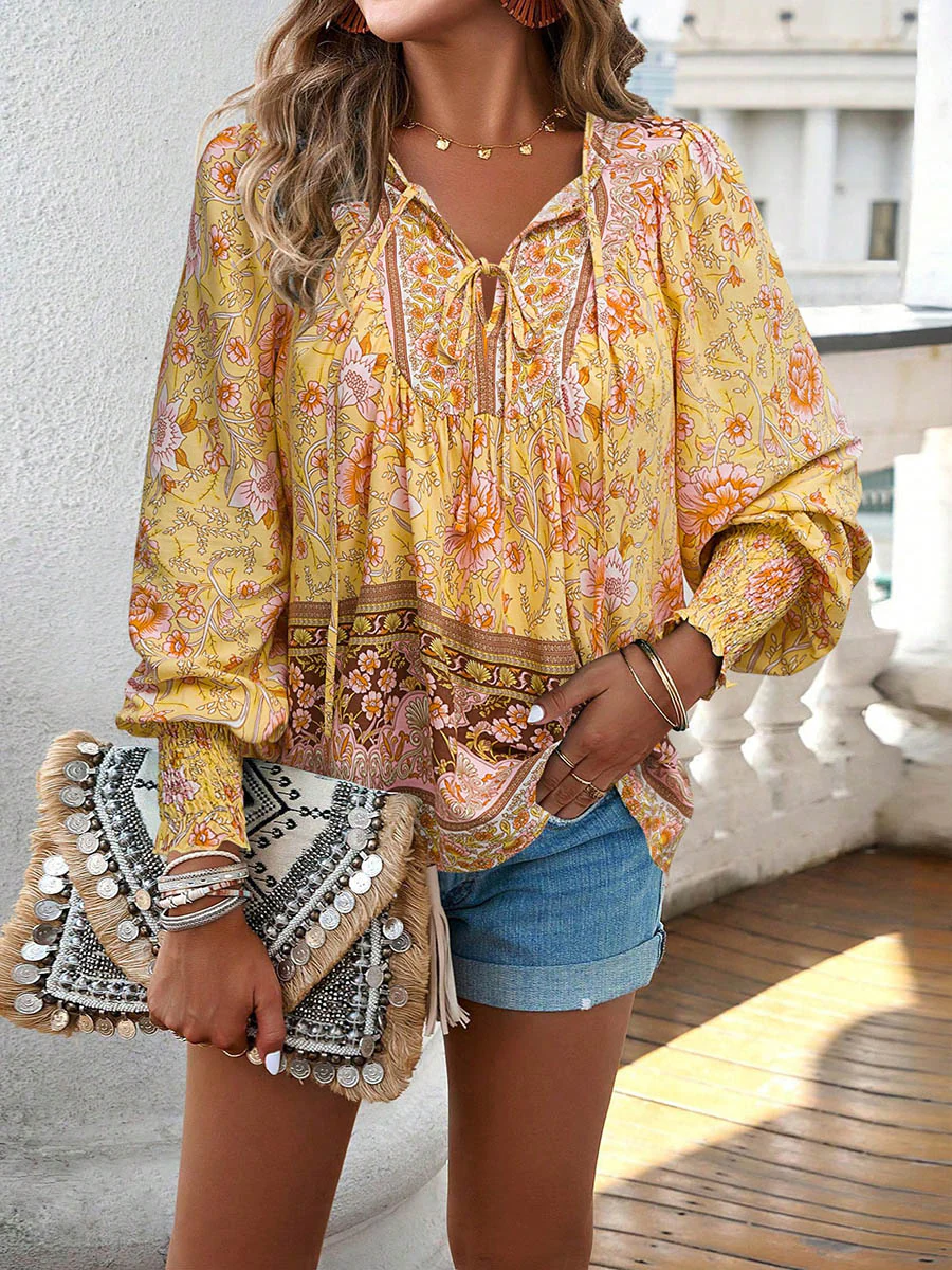 Long Sleeves Loose Contrast Color Drawstring Flower Print Pleated Split-Joint V-Neck Blouses&Shirts Tops - Image 26