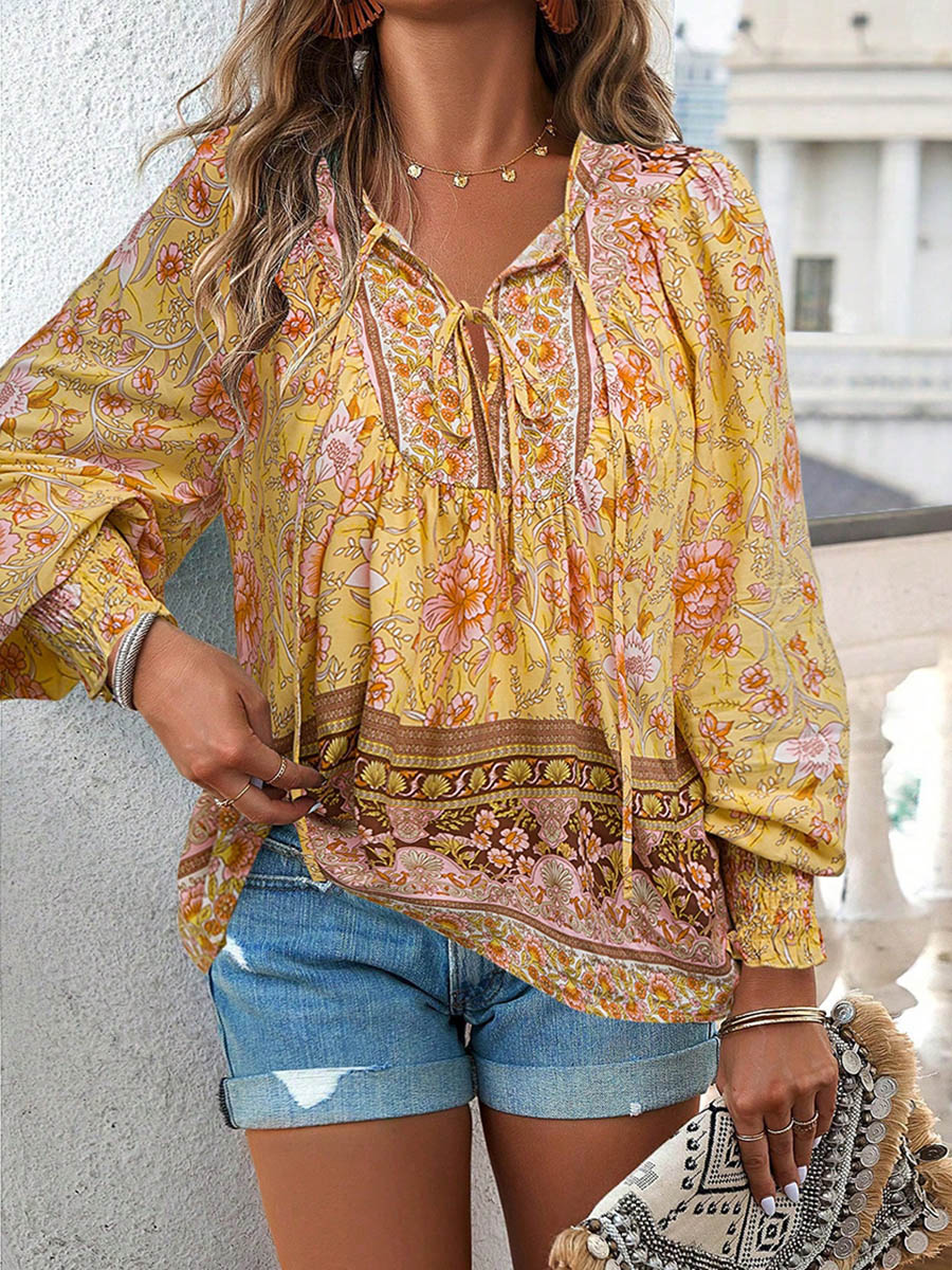Long Sleeves Loose Contrast Color Drawstring Flower Print Pleated Split-Joint V-Neck Blouses&Shirts Tops - Image 27