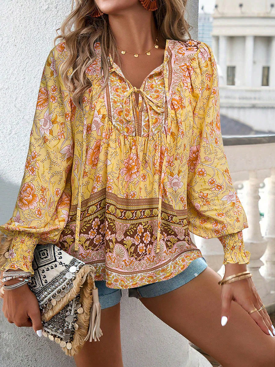 Long Sleeves Loose Contrast Color Drawstring Flower Print Pleated Split-Joint V-Neck Blouses&Shirts Tops - Image 28