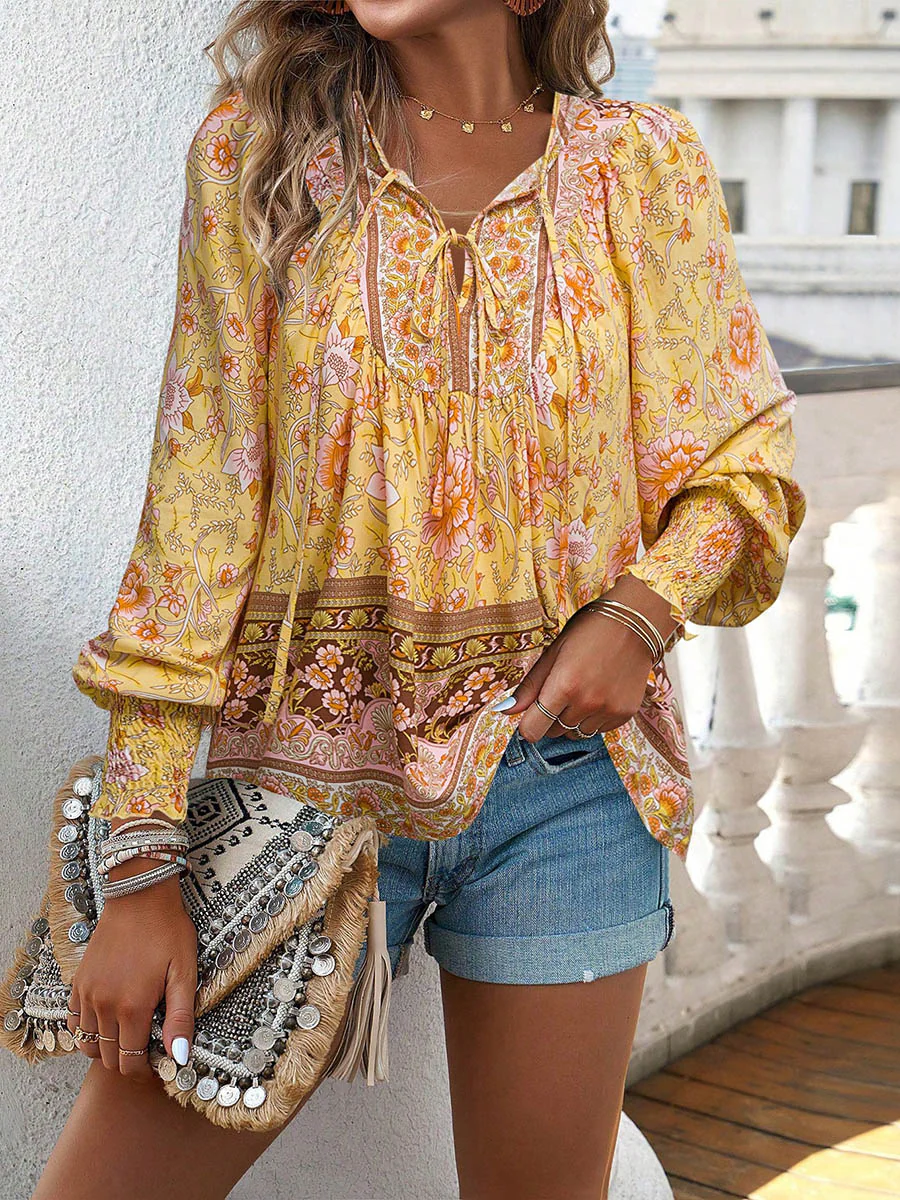 Long Sleeves Loose Contrast Color Drawstring Flower Print Pleated Split-Joint V-Neck Blouses&Shirts Tops - Image 29
