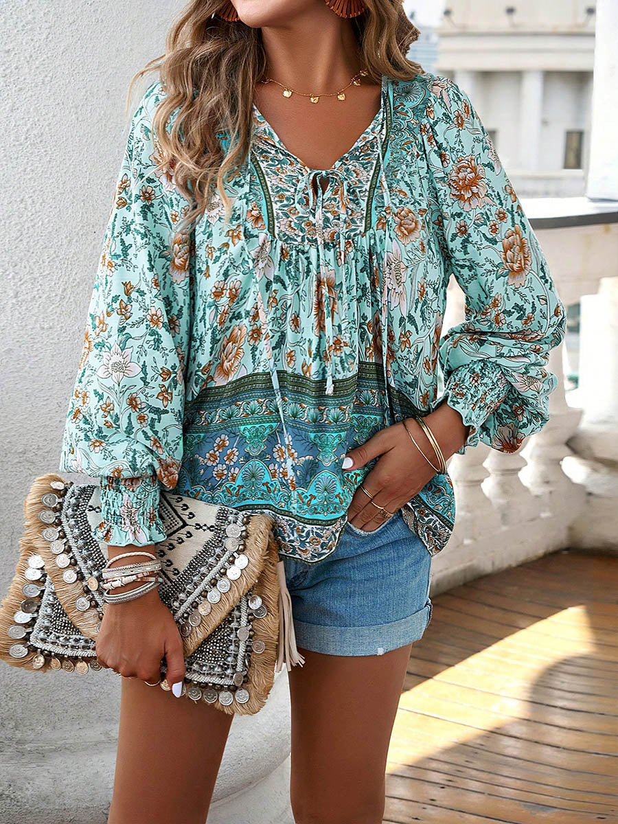 Long Sleeves Loose Contrast Color Drawstring Flower Print Pleated Split-Joint V-Neck Blouses&Shirts Tops - Image 3