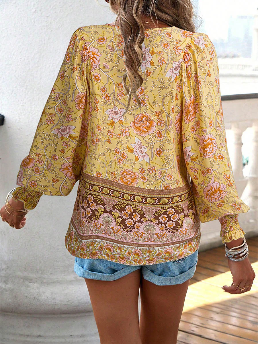 Long Sleeves Loose Contrast Color Drawstring Flower Print Pleated Split-Joint V-Neck Blouses&Shirts Tops - Image 30