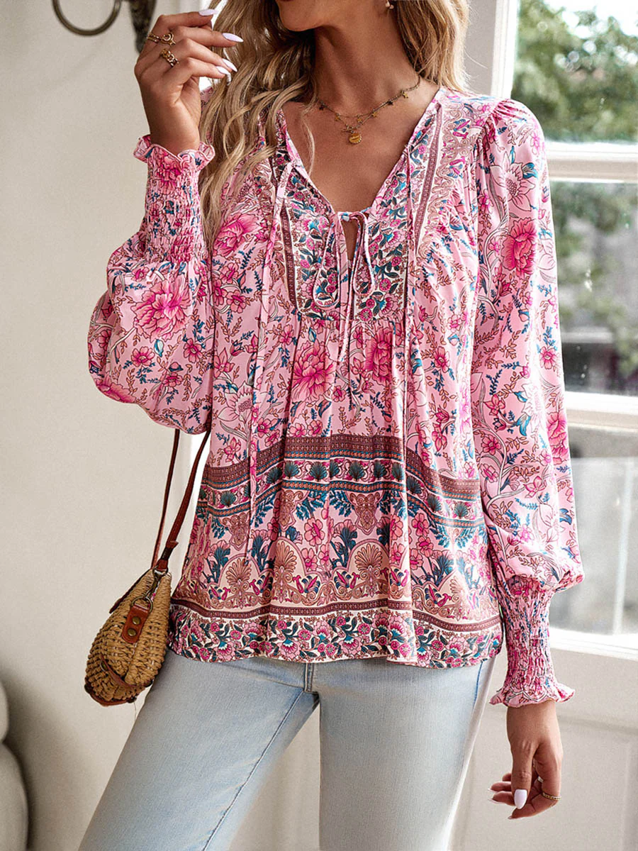 Long Sleeves Loose Contrast Color Drawstring Flower Print Pleated Split-Joint V-Neck Blouses&Shirts Tops - Image 31