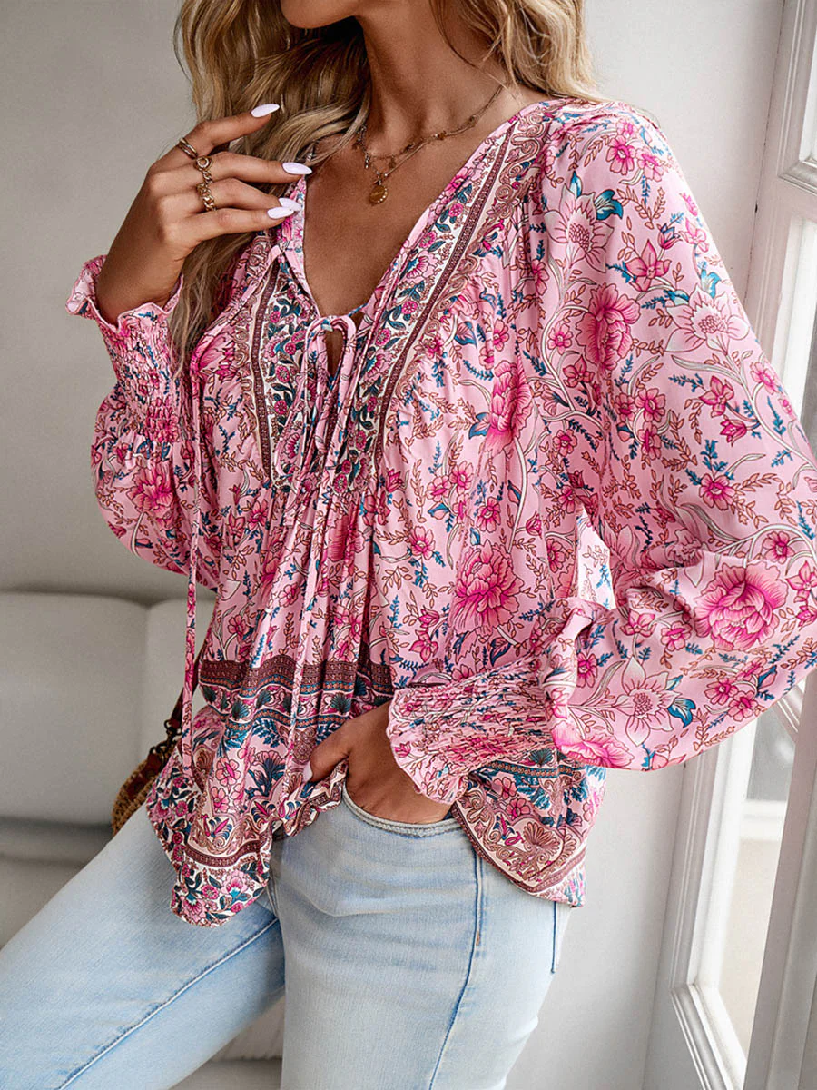 Long Sleeves Loose Contrast Color Drawstring Flower Print Pleated Split-Joint V-Neck Blouses&Shirts Tops - Image 32