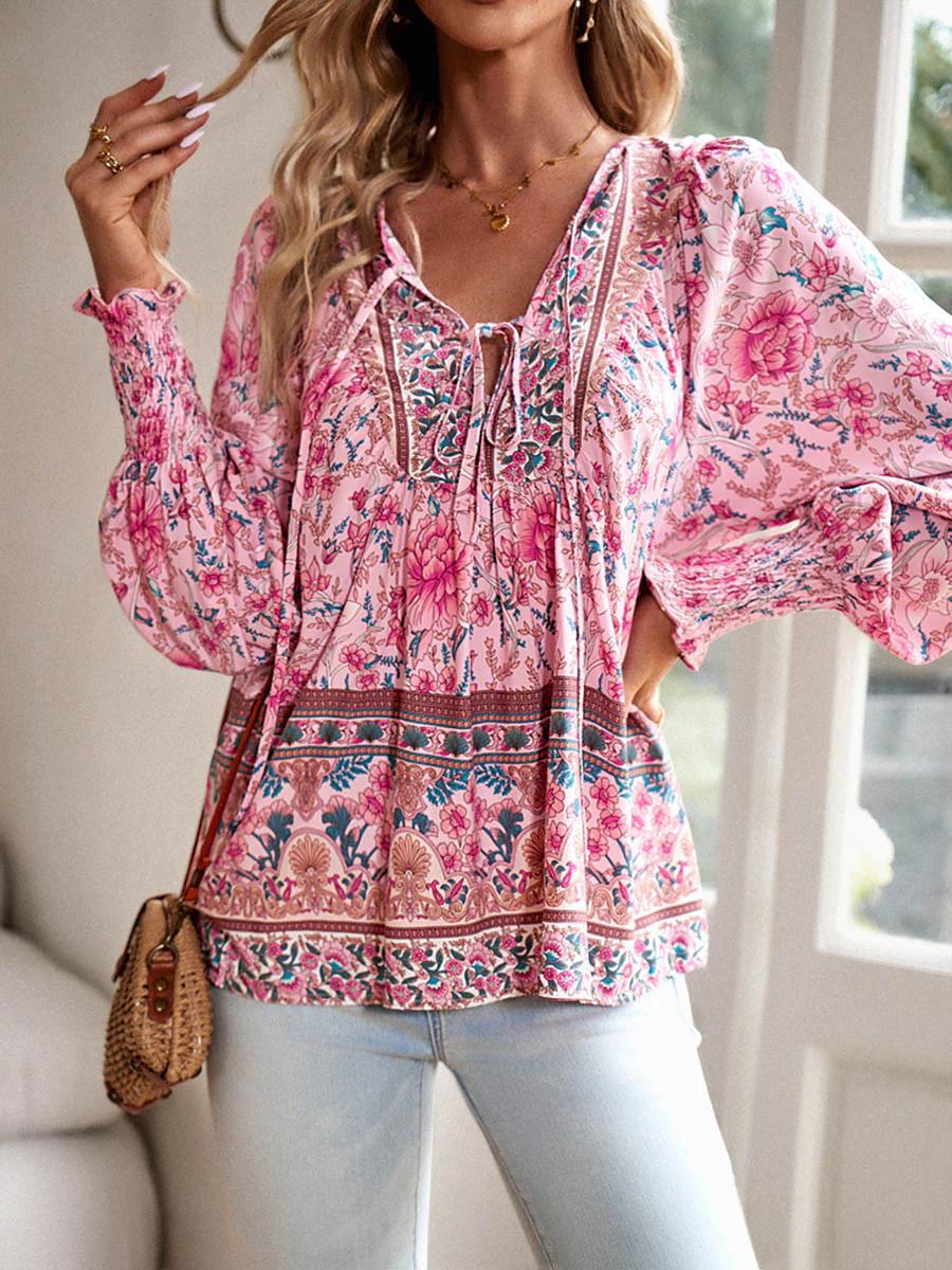 Long Sleeves Loose Contrast Color Drawstring Flower Print Pleated Split-Joint V-Neck Blouses&Shirts Tops - Image 34