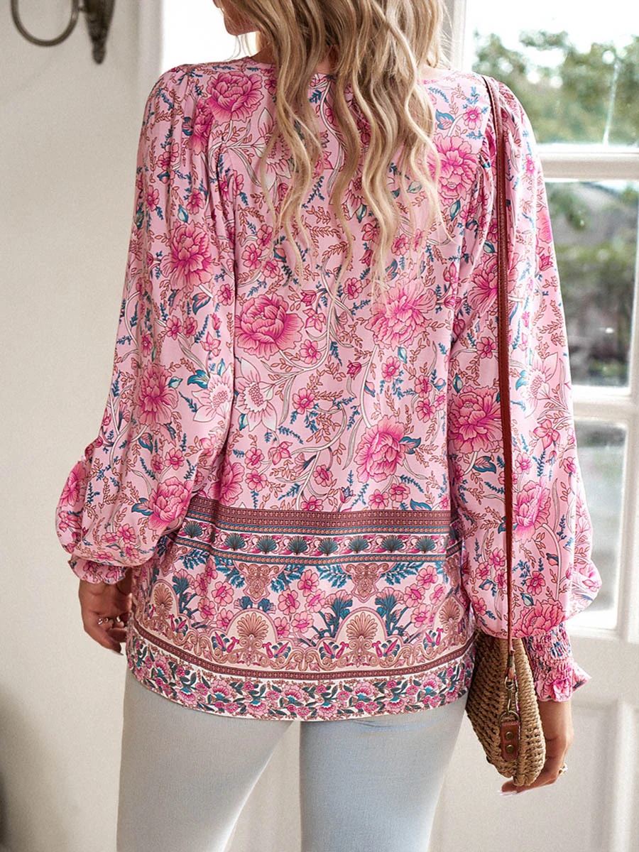 Long Sleeves Loose Contrast Color Drawstring Flower Print Pleated Split-Joint V-Neck Blouses&Shirts Tops - Image 35