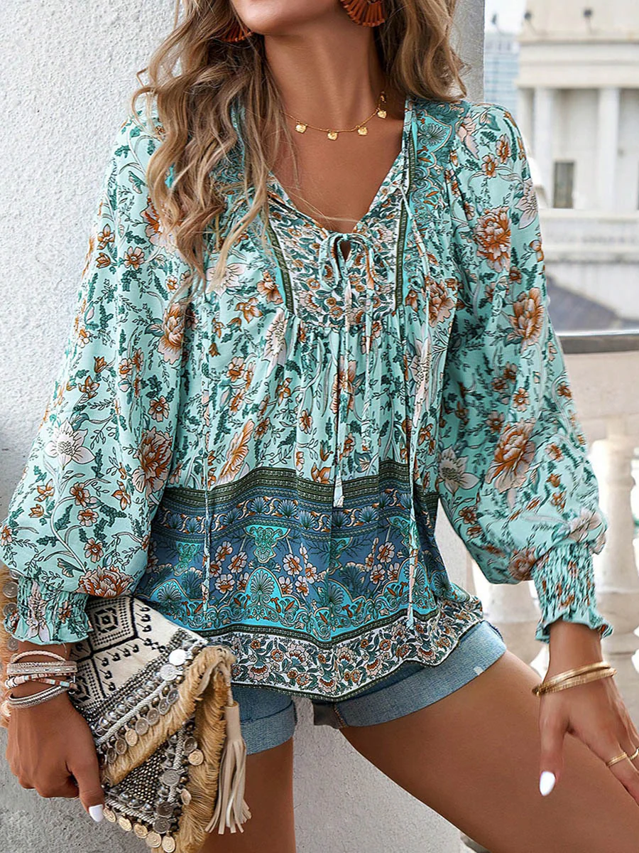 Long Sleeves Loose Contrast Color Drawstring Flower Print Pleated Split-Joint V-Neck Blouses&Shirts Tops - Image 4