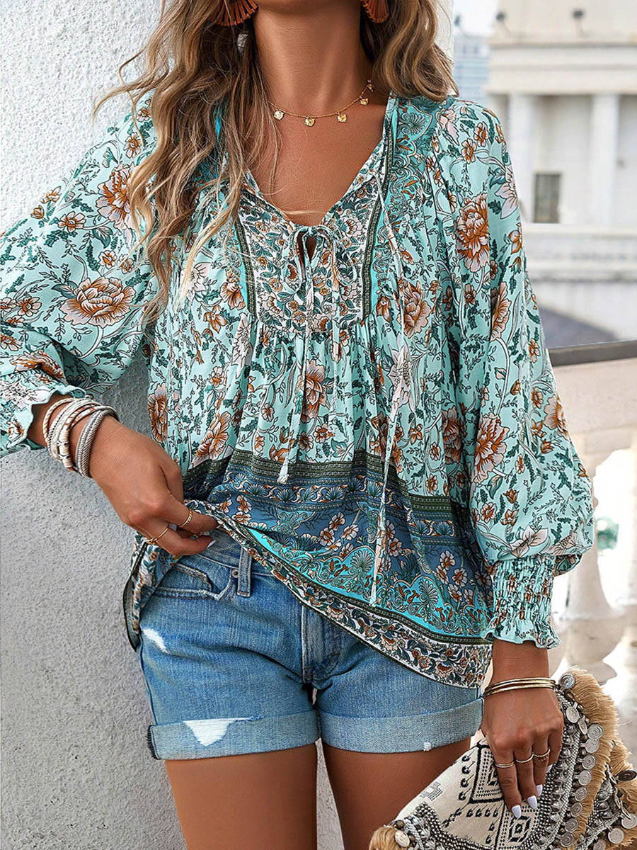 Long Sleeves Loose Contrast Color Drawstring Flower Print Pleated Split-Joint V-Neck Blouses&Shirts Tops - Image 5