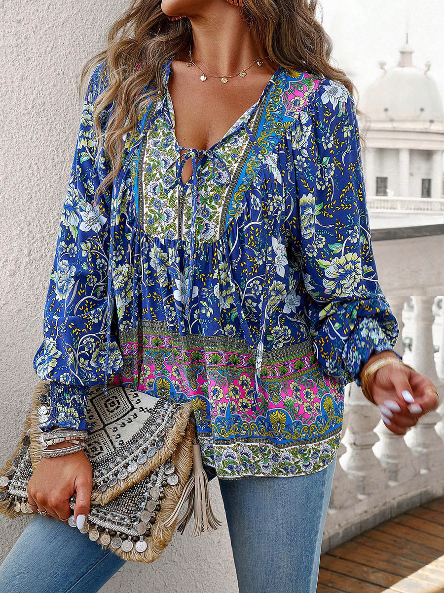Long Sleeves Loose Contrast Color Drawstring Flower Print Pleated Split-Joint V-Neck Blouses&Shirts Tops - Image 9